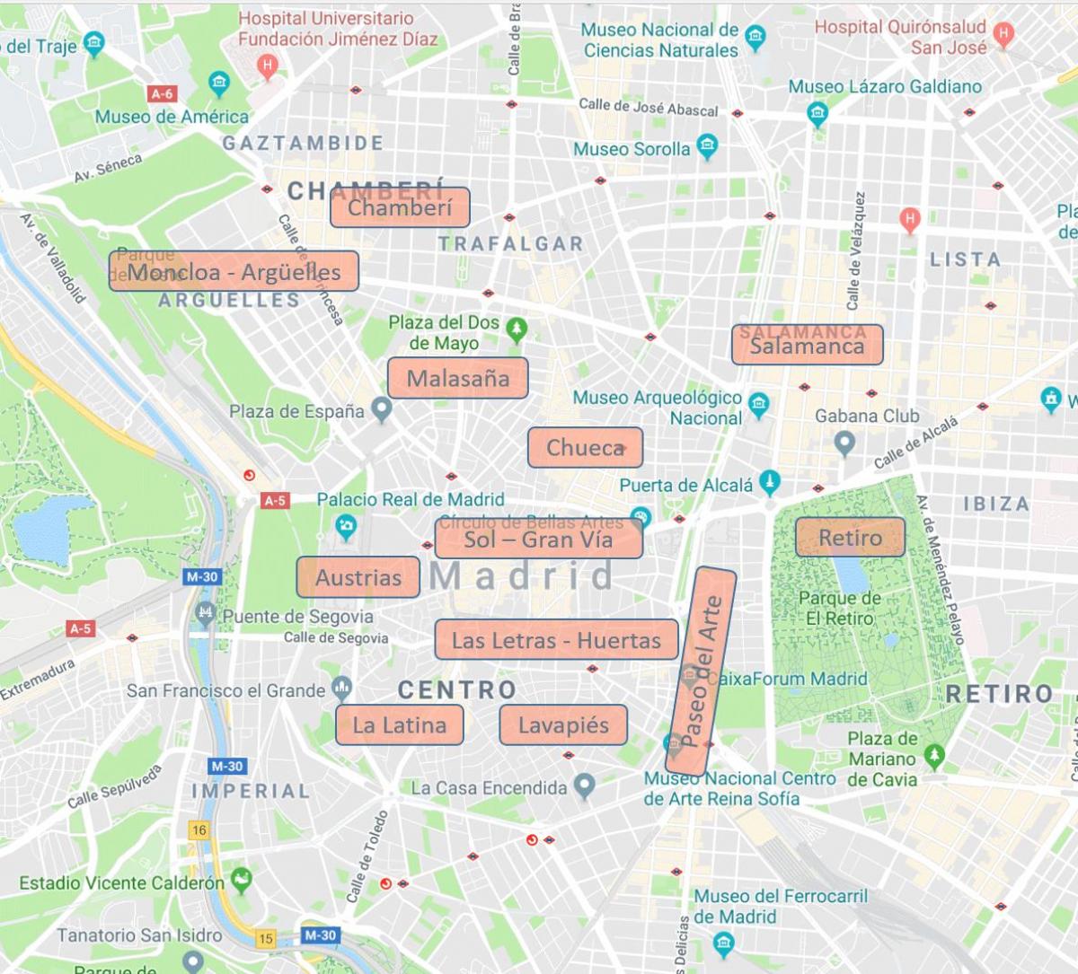 la carte de Madrid, Espagne quartiers